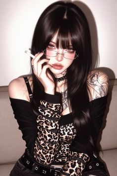 Anime style woman with long black hair, glasses, and leopard print clothing