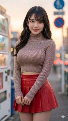 Woman with long hair wearing a red skirt and turtleneck top outdoors