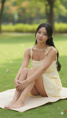 Woman in a yellow dress sitting barefoot on a mat in a park