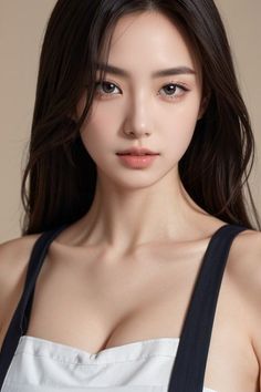 Woman with long dark hair and cleavage in a dark top with white trim