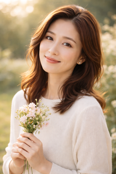 Woman with brown hair in a white sweater holding flowers outdoors at golden hour