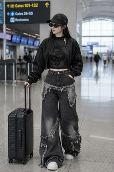 Woman in a black outfit with distressed jeans and a crop top at an airport