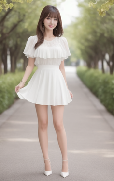 Woman in a white dress and high heels standing on a path outdoors