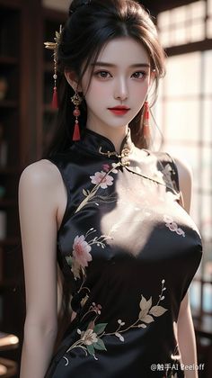 Woman in a black cheongsam with floral print and red tassel earrings