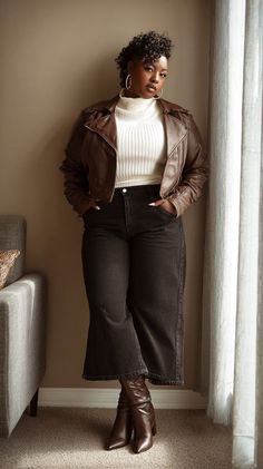 Woman in a brown leather jacket and turtleneck sweater indoors