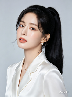 Woman with black hair in a ponytail wearing a white blazer and pearl earrings