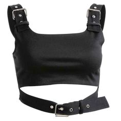 Black crop top with buckle straps and a cut-out waist