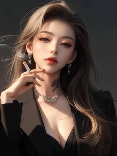 Anime style portrait of a woman with long hair and a black blazer, holding a cigarette
