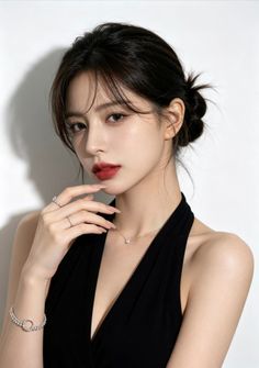 Woman with black hair in an updo wearing a black dress and jewelry
