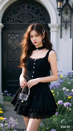 Woman in a black dress with pearls and a choker in a garden setting