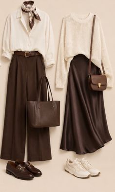 Two coordinated outfits featuring brown and off-white clothing and accessories