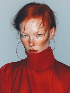 Woman with red hair and freckles wearing a red top and hoop earrings