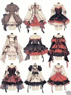 Nine gothic lolita dresses with ruffles and bows on a white background