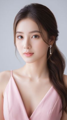 Woman with long brown hair wearing a pink dress and earrings