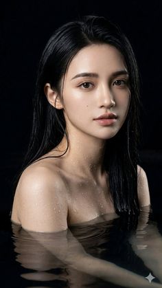 Woman with wet black hair and exposed shoulders in dark water