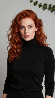 Woman with red hair and green eyes wearing a black turtleneck in a studio