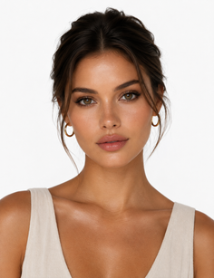 Woman with dark hair and hoop earrings in a light top