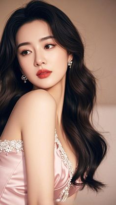 Woman with long wavy hair and red lipstick wearing a pink dress with jewelry