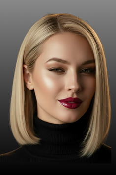 Woman with blonde bob hair and red lipstick wearing a black turtleneck