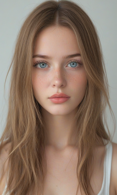 Woman with long brown hair and blue eyes looking directly at the viewer