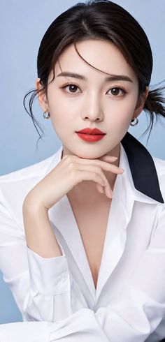 Woman with red lipstick and a white shirt posing against a blue background