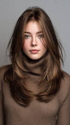 Woman with long brown hair and freckles wearing a brown turtleneck