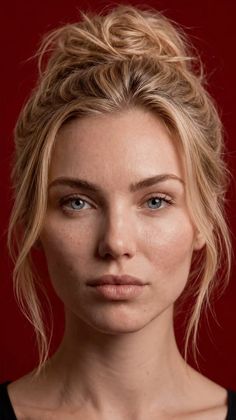 Woman with blonde hair in a messy bun against a red background