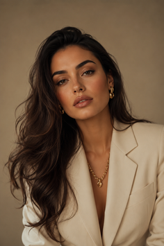 Woman with long dark hair wearing a beige blazer and gold jewelry