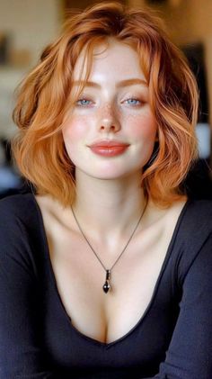 Woman with red hair and freckles wearing a black top with cleavage