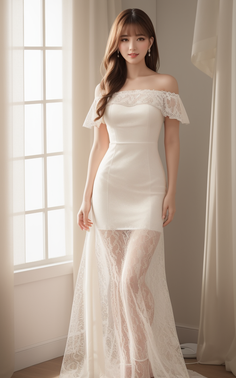 Woman in a white lace dress with exposed shoulders standing by a window