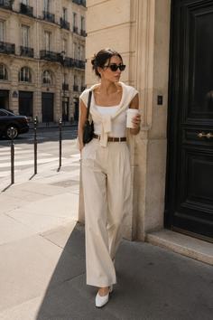 Woman in wide leg pants and sunglasses walking on a city street