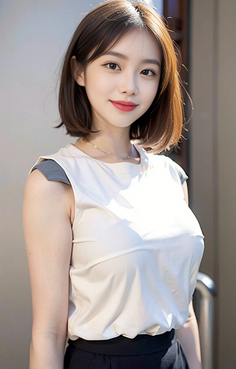 Woman with short brown hair wearing a white top and black skirt outdoors