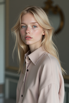 Blonde woman with blue eyes and freckles wearing a pink shirt indoors