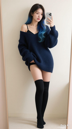 Woman with blue-tipped hair taking a mirror selfie in an oversized sweater