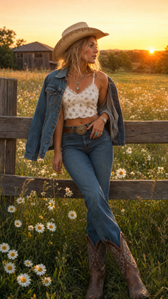 Woman in a cowgirl hat and denim jacket leaning on a fence at sunset