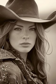 Woman with long hair and freckles wearing a cowboy hat in sepia tone