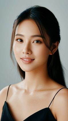 Woman with long black hair wearing a black spaghetti strap top in a studio