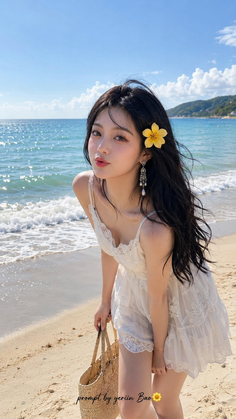 Woman in a white dress with a yellow flower in her hair on a sunny beach