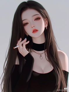Anime style woman with long black hair wearing an off-shoulder top and choker