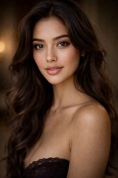 Woman with long dark hair wearing a lace top with exposed shoulders