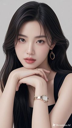 Woman with long black hair wearing a black top and jewelry