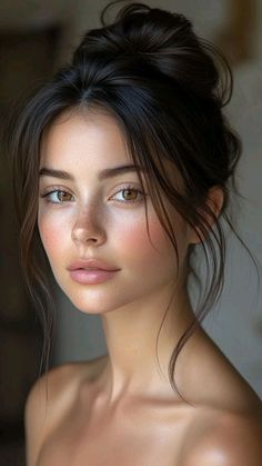 Realistic portrait of a woman with dark hair in a messy bun and freckles