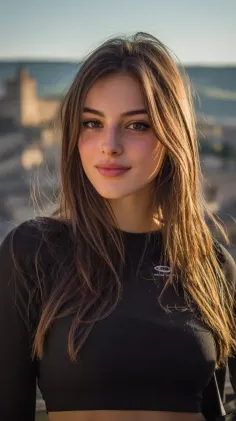 Woman with long brown hair wearing a black top outdoors with soft lighting