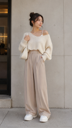 Woman in a cream knitted sweater and wide leg pants with a shoulder bag