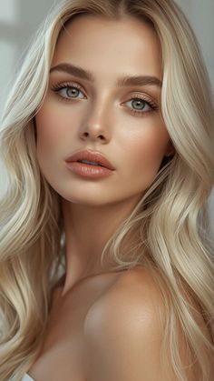 Blonde woman with green eyes and exposed shoulders looking at the viewer