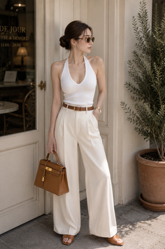 Woman in a white halter top and wide leg pants holding a brown handbag outdoors