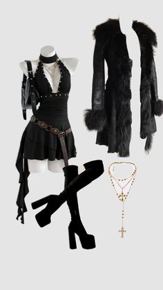 Gothic fashion ensemble with a black halter dress, fur coat, and platform boots