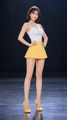 Woman with short hair in a white tank top and yellow pleated skirt