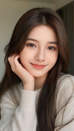 Smiling woman with long brown hair wearing a white sweater, resting her chin on her hand