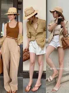 Three women in different neutral-toned outfits with straw hats and shorts
